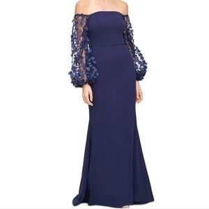 Eliza J Women’s Navy 3D Floral Long Sleeve Scuba Crepe Gown Dress Size 12 Formal